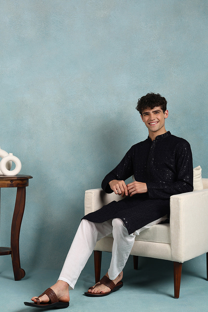 Navy Blue Viscose Rayon Solid Embroidered Straight Kurta For Men | SHOBITAM