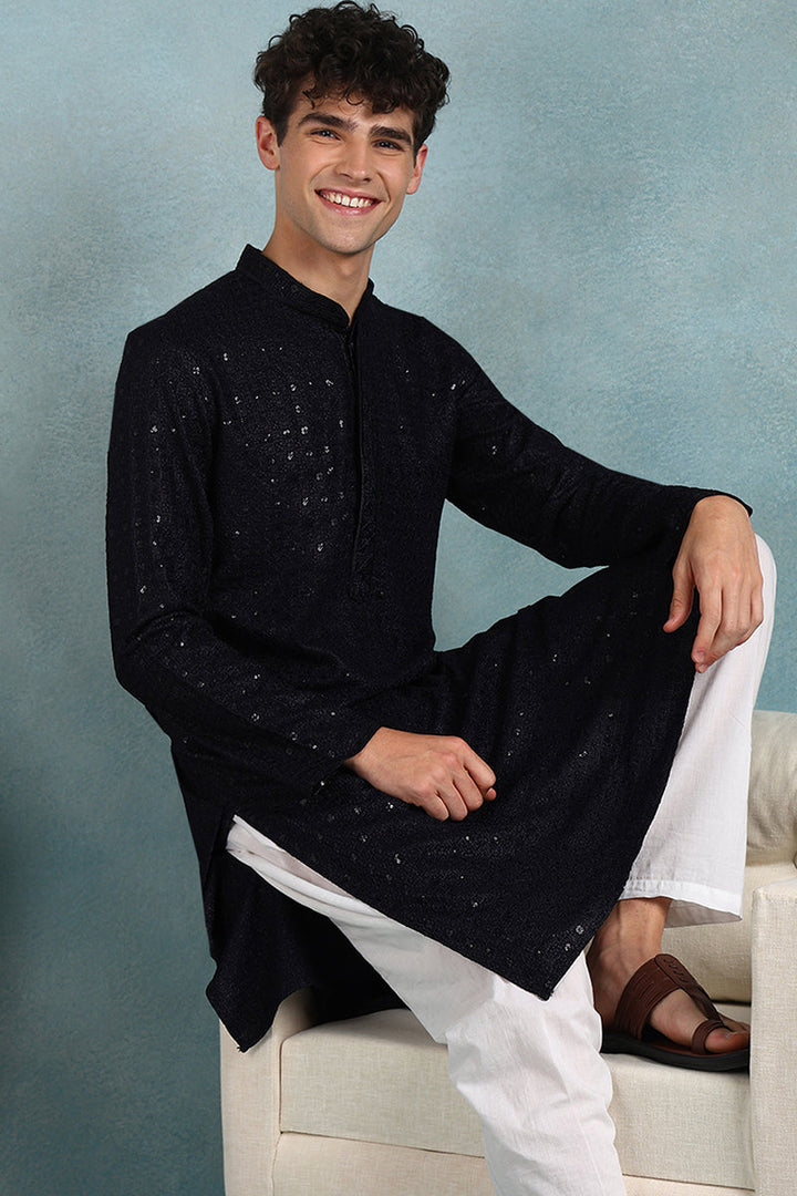 Navy Blue Viscose Rayon Solid Embroidered Straight Kurta For Men | SHOBITAM