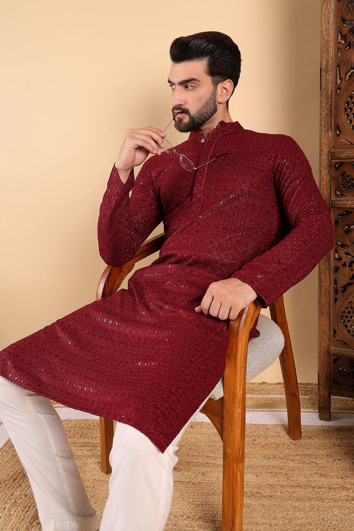 Maroon Viscose Rayon Solid Embroidered Straight Kurta For Men | SHOBITAM