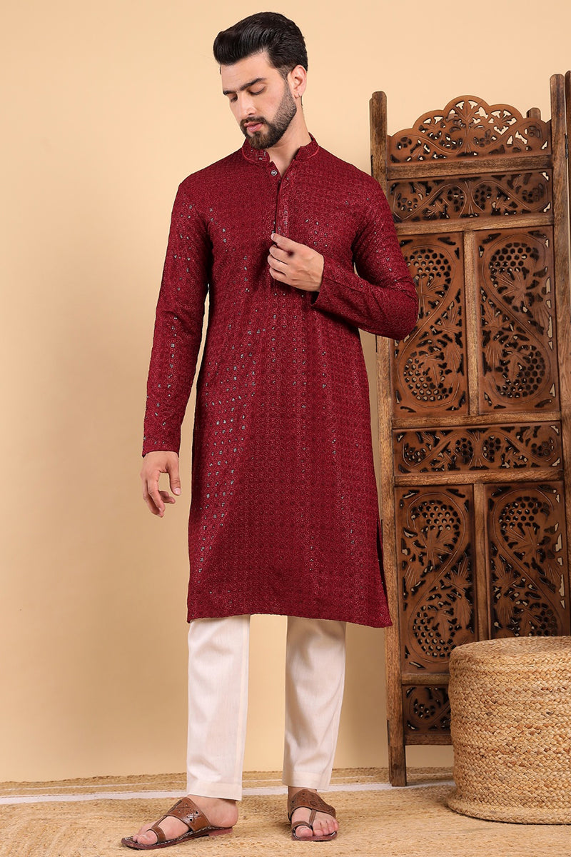 Maroon Viscose Rayon Solid Embroidered Straight Kurta For Men | SHOBITAM