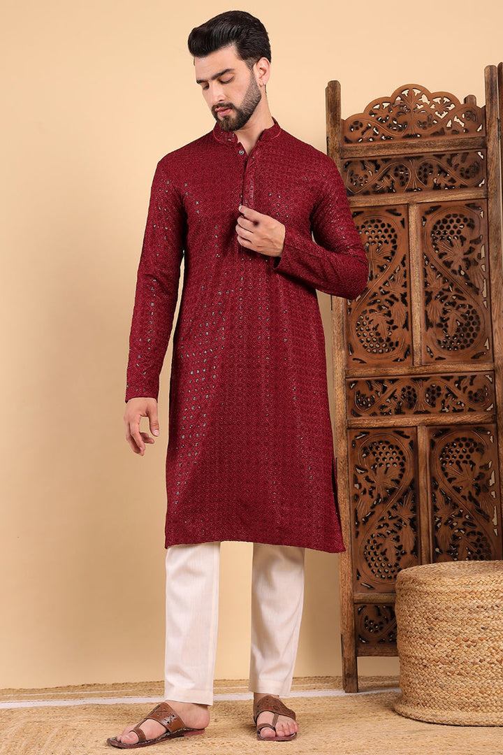 Maroon Viscose Rayon Solid Embroidered Straight Kurta For Men | SHOBITAM