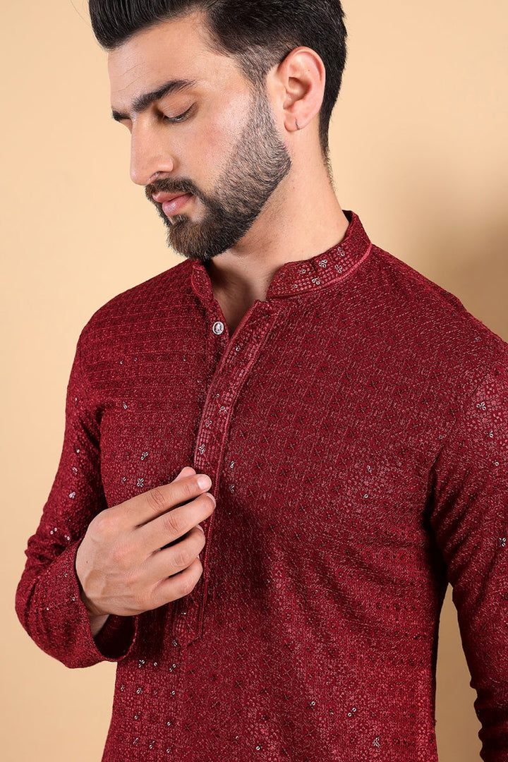 Maroon Viscose Rayon Solid Embroidered Straight Kurta For Men | SHOBITAM