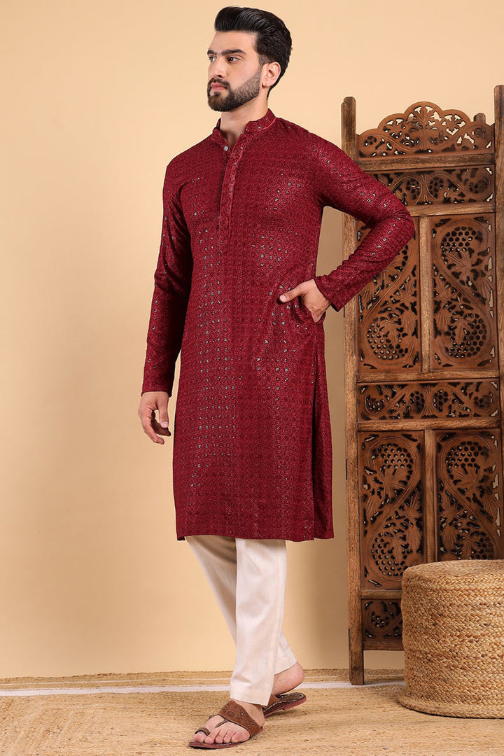 Maroon Viscose Rayon Solid Embroidered Straight Kurta For Men | SHOBITAM