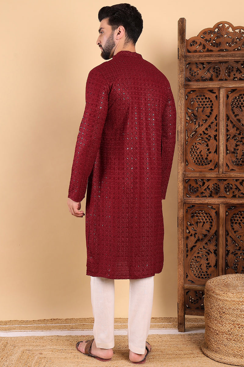 Maroon Viscose Rayon Solid Embroidered Straight Kurta For Men | SHOBITAM