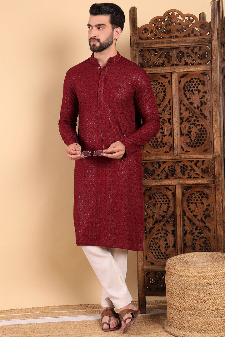 Maroon Viscose Rayon Solid Embroidered Straight Kurta For Men | SHOBITAM