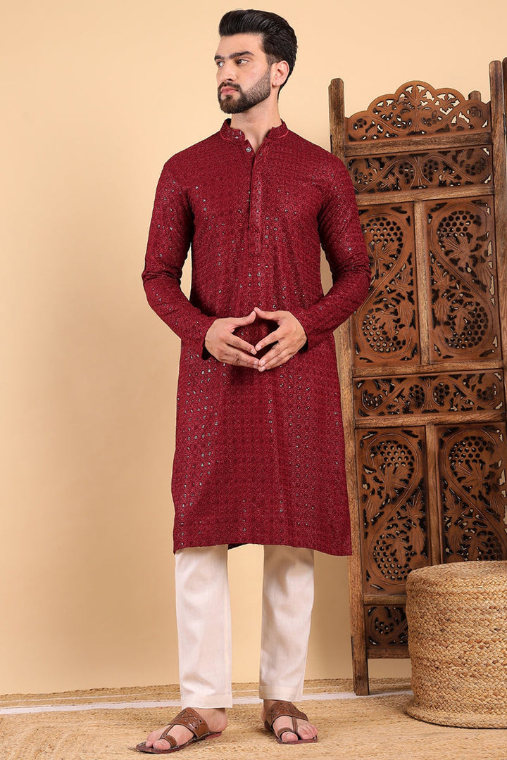 Maroon Viscose Rayon Solid Embroidered Straight Kurta For Men | SHOBITAM