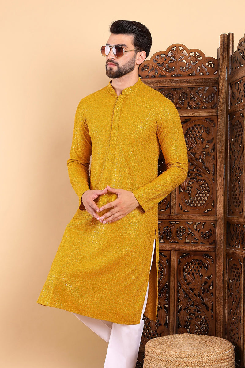 Yellow Viscose Rayon Solid Embroidered Straight Kurta | SHOBITAM