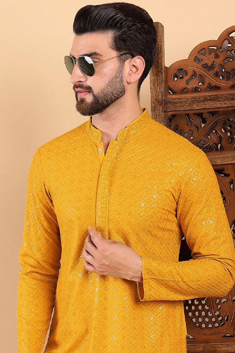 Yellow Viscose Rayon Solid Embroidered Straight Kurta | SHOBITAM