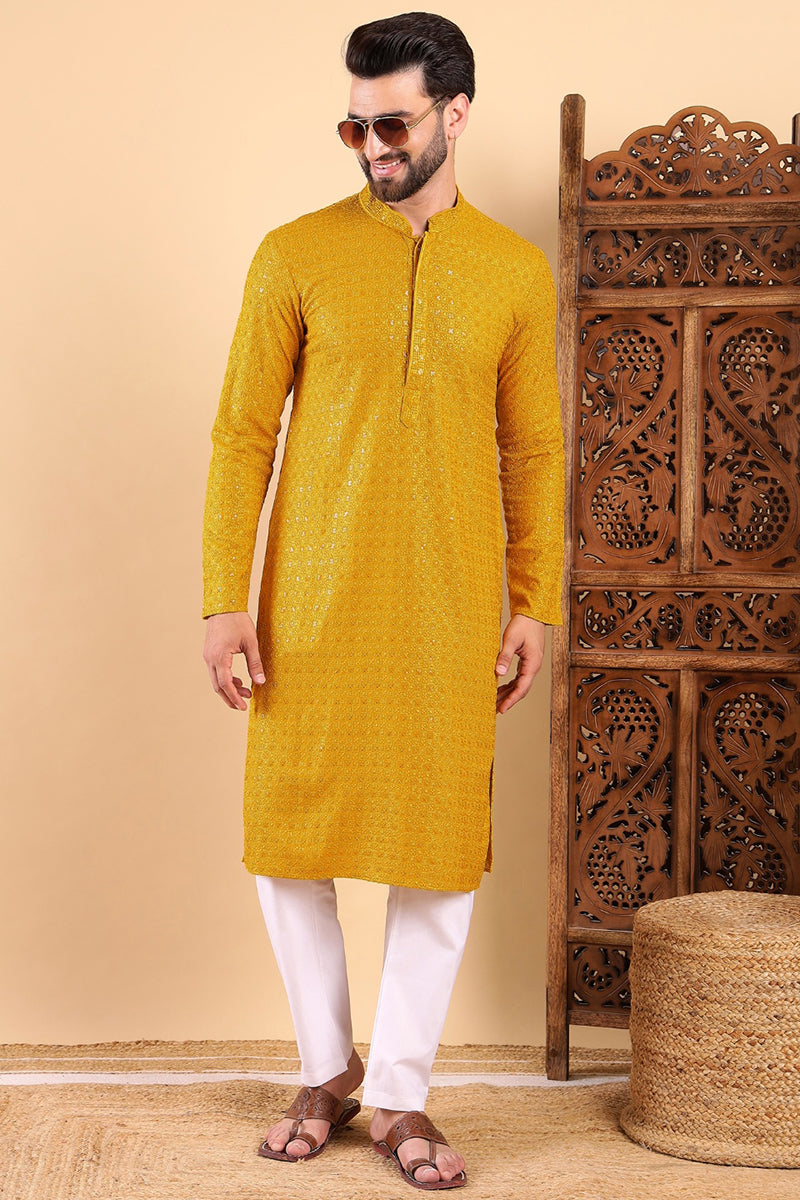 Yellow Viscose Rayon Solid Embroidered Straight Kurta | SHOBITAM