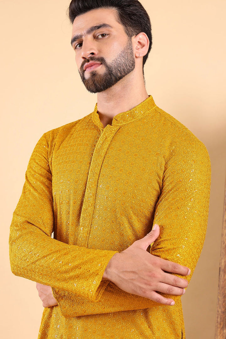 Yellow Viscose Rayon Solid Embroidered Straight Kurta | SHOBITAM