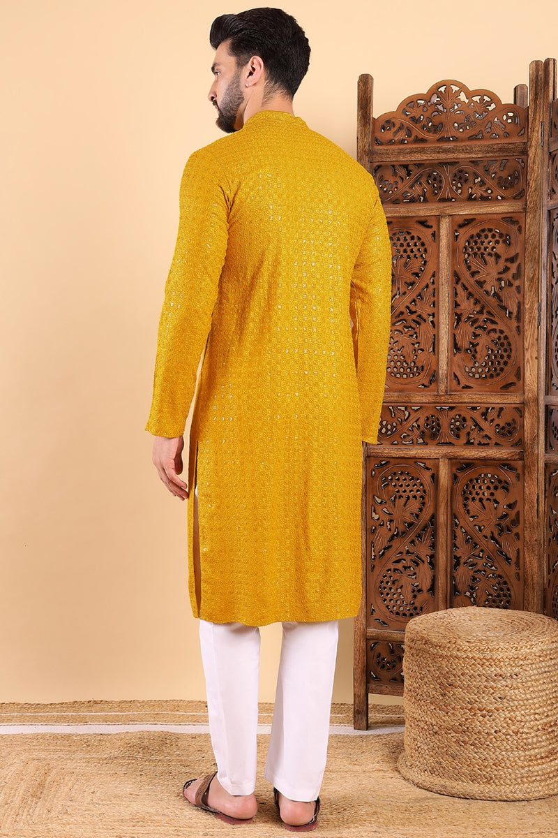 Yellow Viscose Rayon Solid Embroidered Straight Kurta | SHOBITAM