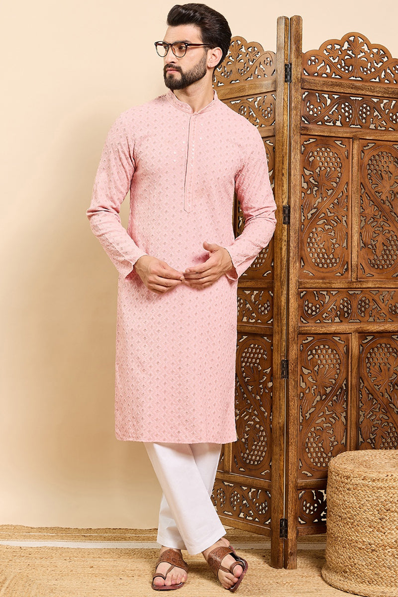 Peach Viscose Rayon Solid Embroidered Ethnic Straight Chikankari Kurta For Men | SHOBITAM