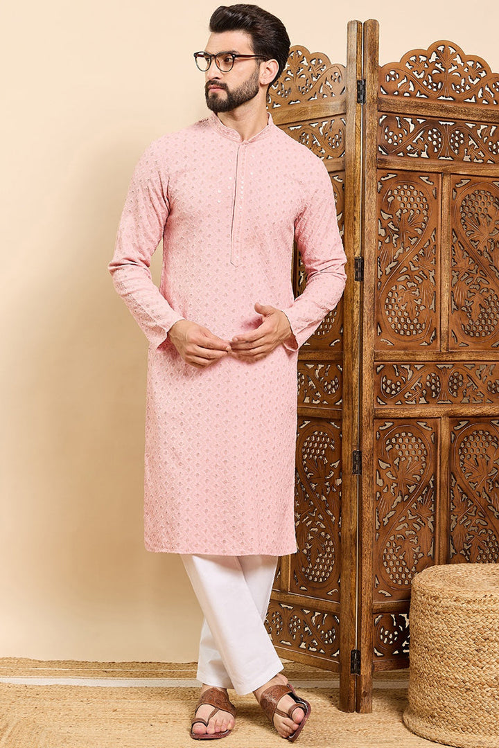 Peach Viscose Rayon Solid Embroidered Ethnic Straight Chikankari Kurta For Men | SHOBITAM