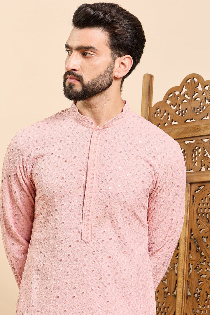 Peach Viscose Rayon Solid Embroidered Ethnic Straight Chikankari Kurta For Men | SHOBITAM