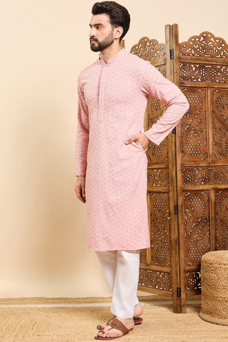 Peach Viscose Rayon Solid Embroidered Ethnic Straight Chikankari Kurta For Men | SHOBITAM