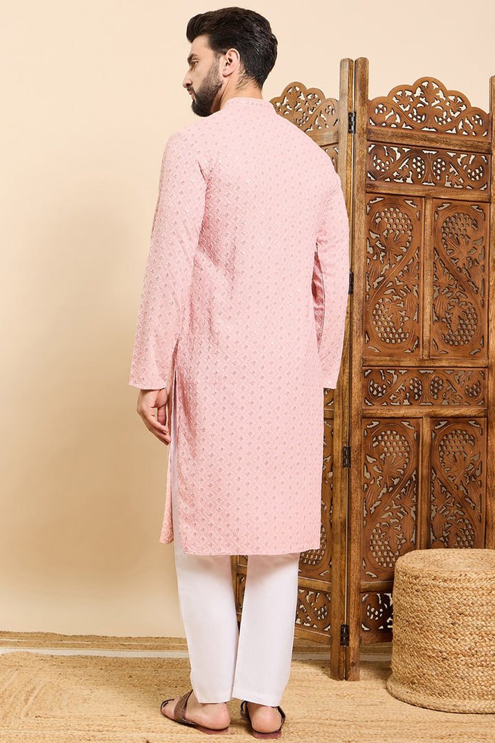 Peach Viscose Rayon Solid Embroidered Ethnic Straight Chikankari Kurta For Men | SHOBITAM