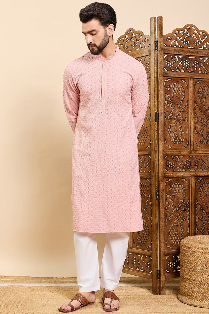 Peach Viscose Rayon Solid Embroidered Ethnic Straight Chikankari Kurta For Men | SHOBITAM