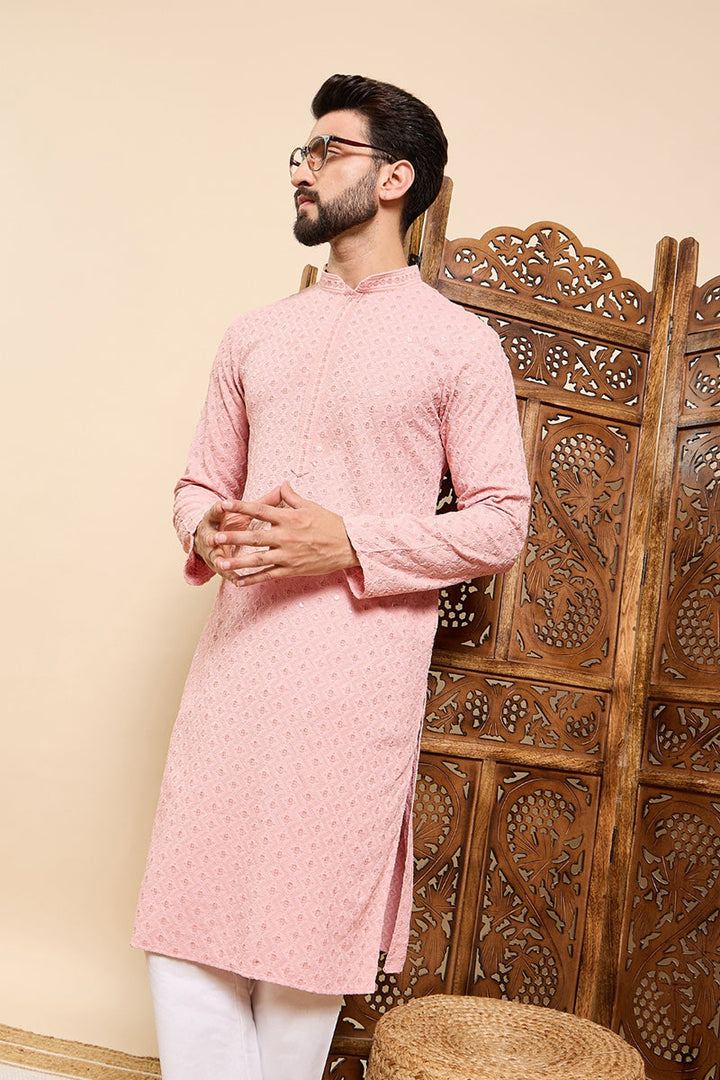 Peach Viscose Rayon Solid Embroidered Ethnic Straight Chikankari Kurta For Men | SHOBITAM