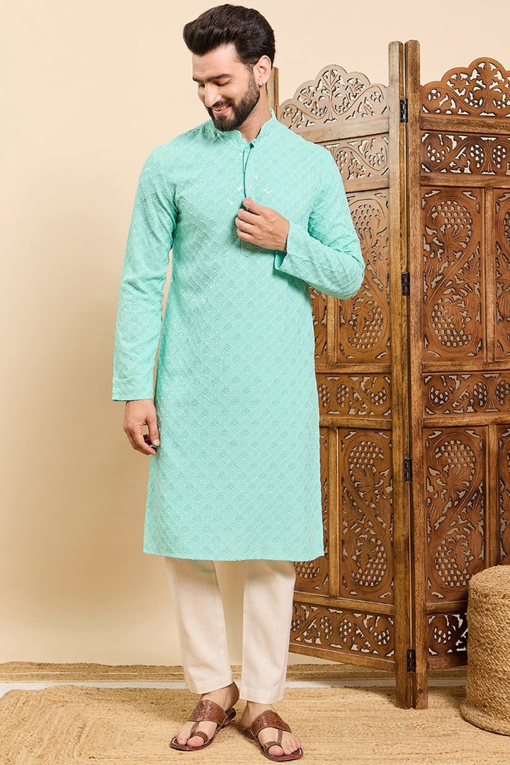 Sea Green Viscose Rayon Solid Embroidered Ethnic Straight Chikankari Kurta For Men | SHOBITAM