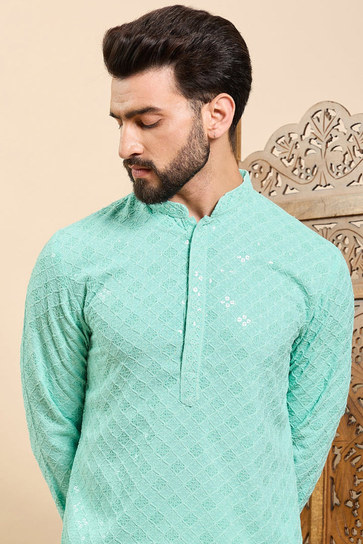 Sea Green Viscose Rayon Solid Embroidered Ethnic Straight Chikankari Kurta For Men | SHOBITAM