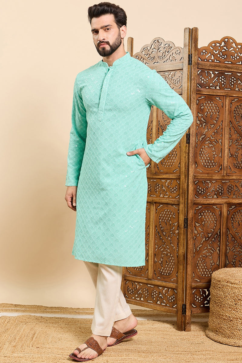 Sea Green Viscose Rayon Solid Embroidered Ethnic Straight Chikankari Kurta For Men | SHOBITAM
