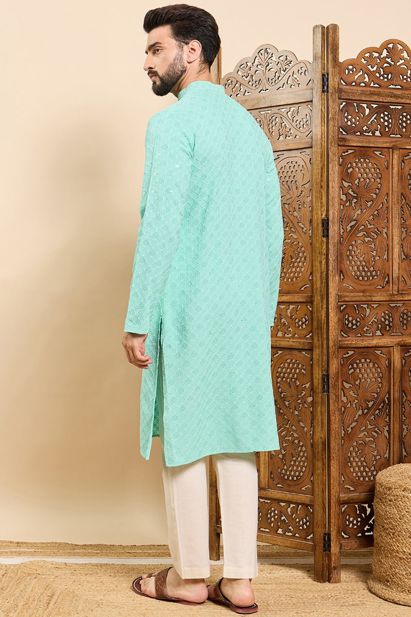 Sea Green Viscose Rayon Solid Embroidered Ethnic Straight Chikankari Kurta For Men | SHOBITAM