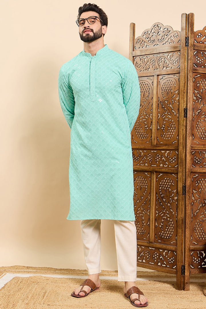 Sea Green Viscose Rayon Solid Embroidered Ethnic Straight Chikankari Kurta For Men | SHOBITAM