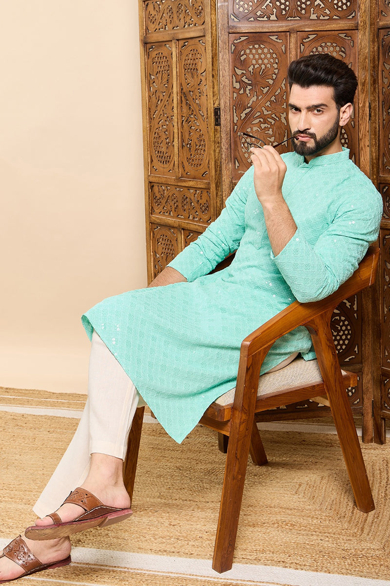 Sea Green Viscose Rayon Solid Embroidered Ethnic Straight Chikankari Kurta For Men | SHOBITAM
