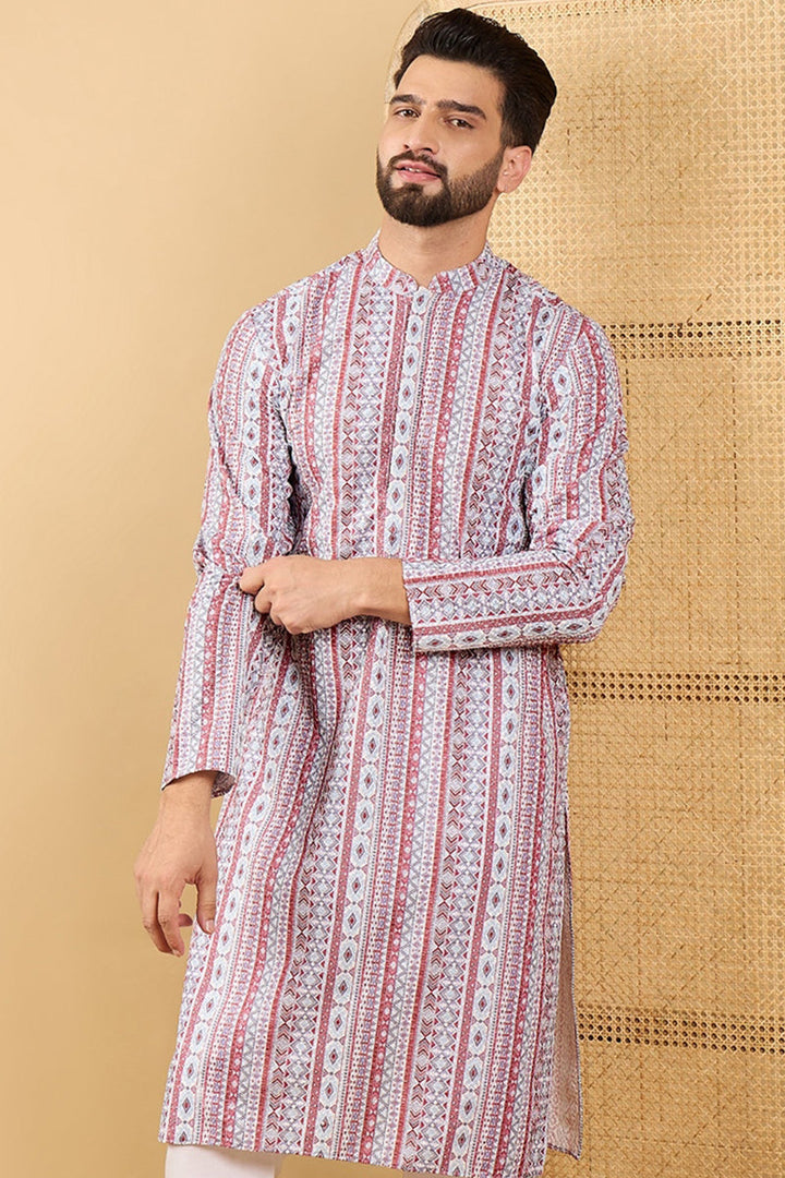 White Viscose Rayon Geometric Embroidered Straight Chikankari Kurta | SHOBITAM