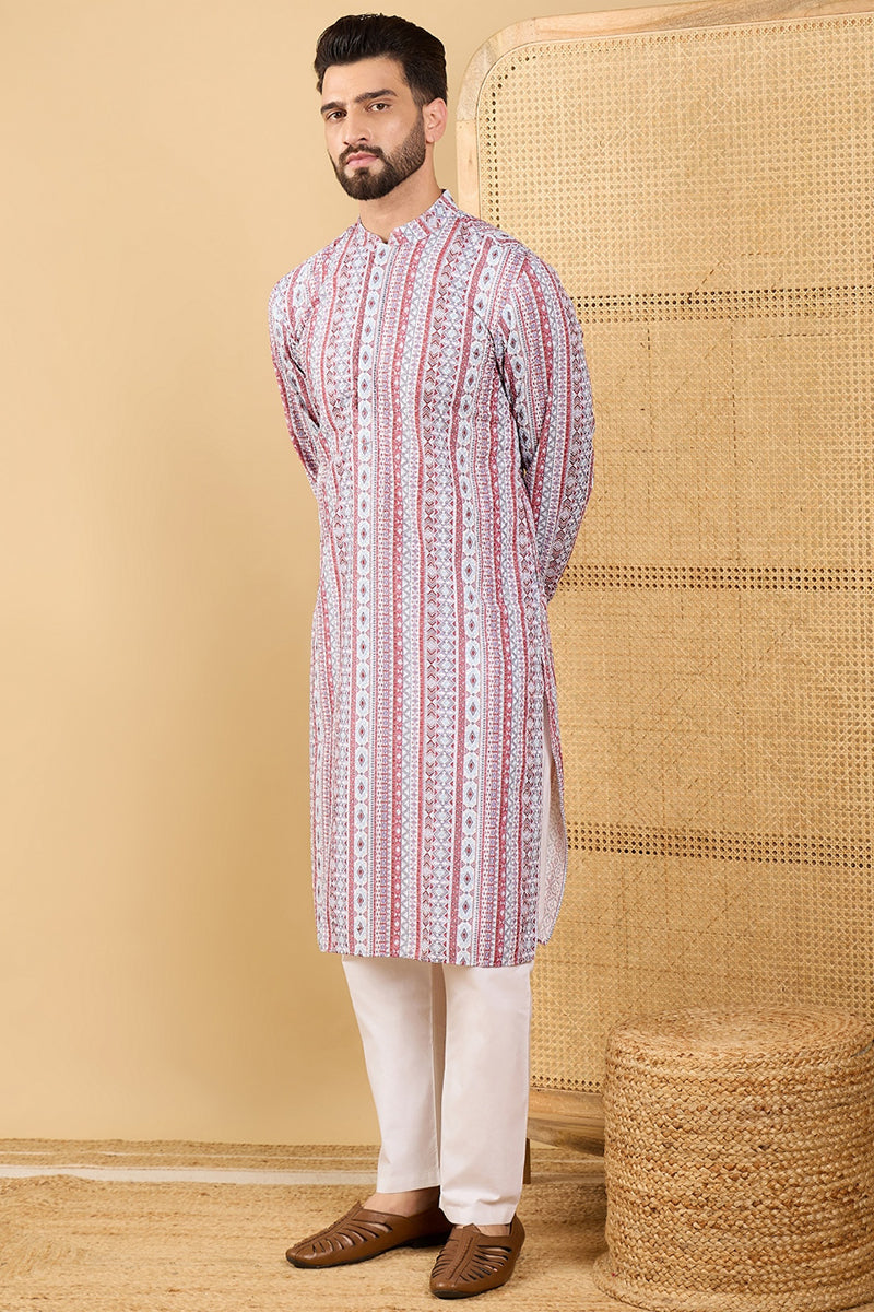White Viscose Rayon Geometric Embroidered Straight Chikankari Kurta | SHOBITAM