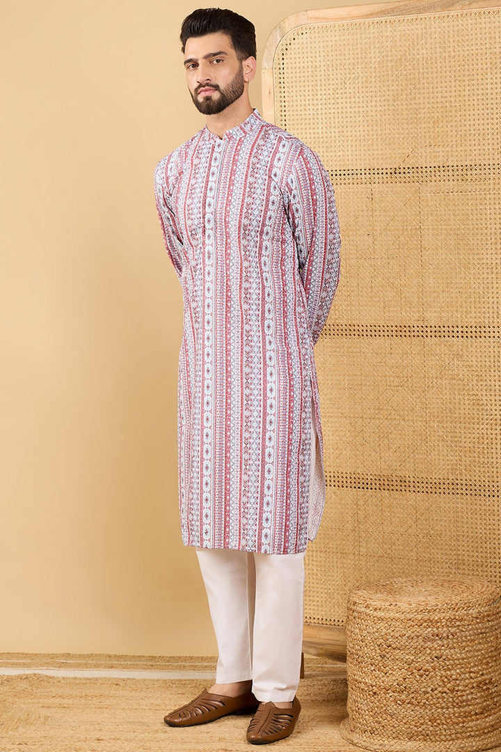 White Viscose Rayon Geometric Embroidered Straight Chikankari Kurta | SHOBITAM