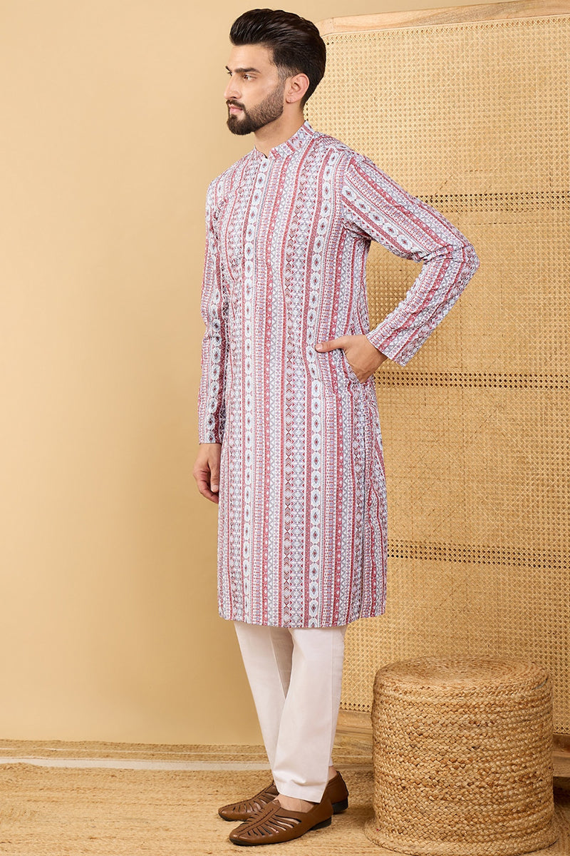 White Viscose Rayon Geometric Embroidered Straight Chikankari Kurta | SHOBITAM