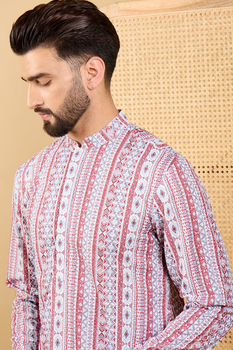 White Viscose Rayon Geometric Embroidered Straight Chikankari Kurta | SHOBITAM