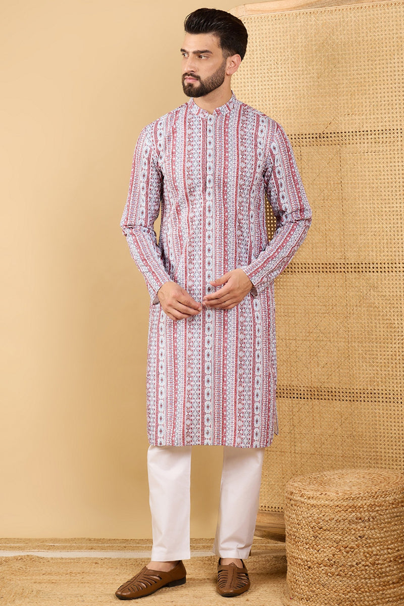 White Viscose Rayon Geometric Embroidered Straight Chikankari Kurta | SHOBITAM