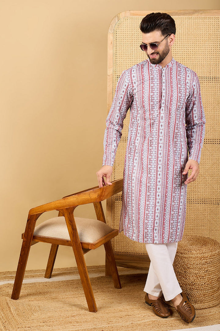 White Viscose Rayon Geometric Embroidered Straight Chikankari Kurta | SHOBITAM
