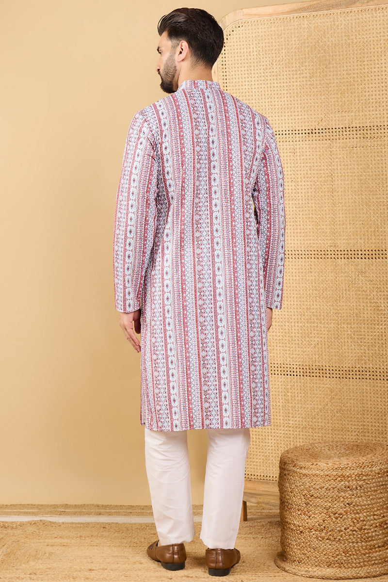 White Viscose Rayon Geometric Embroidered Straight Chikankari Kurta | SHOBITAM