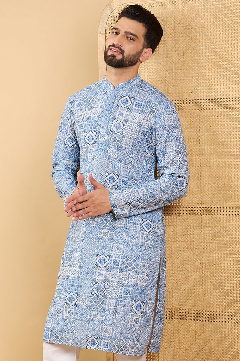 Blue Viscose Rayon Geometric Embroidered Straight Chikankari Kurta | SHOBITAM