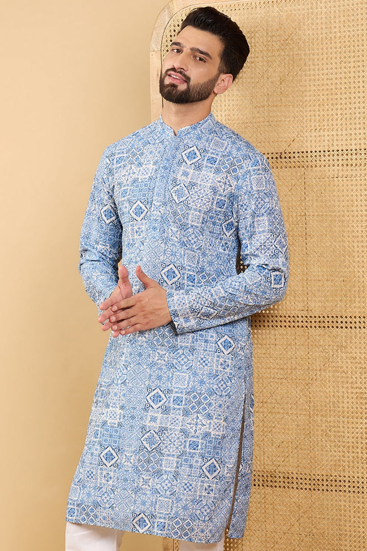 Blue Viscose Rayon Geometric Embroidered Straight Chikankari Kurta | SHOBITAM
