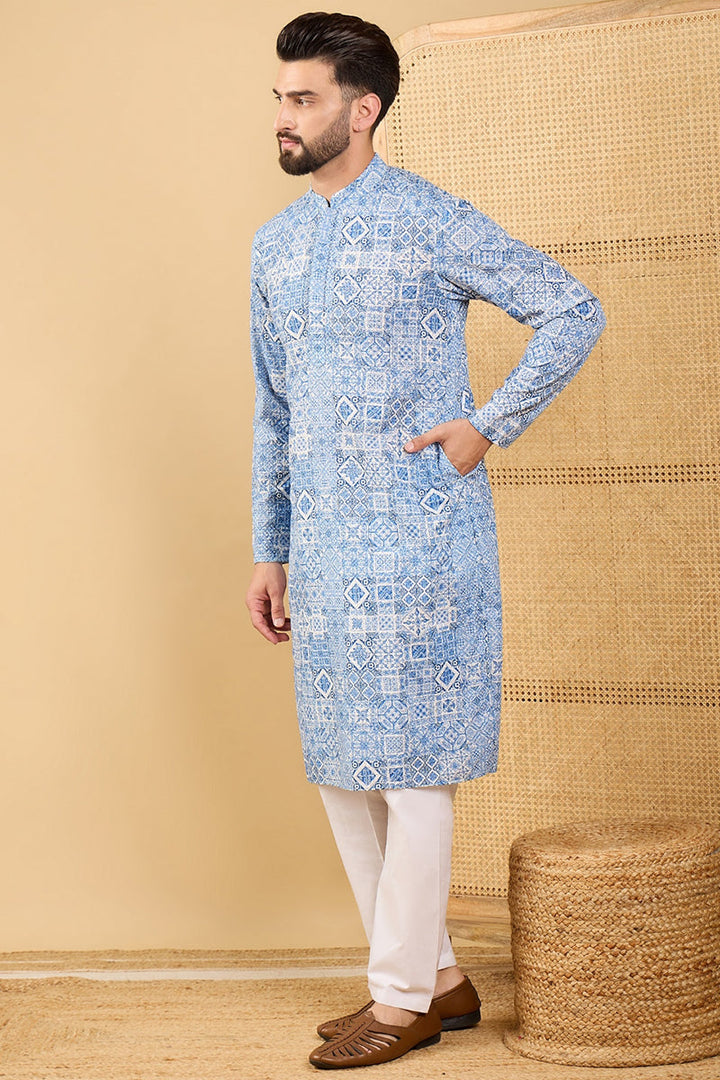 Blue Viscose Rayon Geometric Embroidered Straight Chikankari Kurta | SHOBITAM