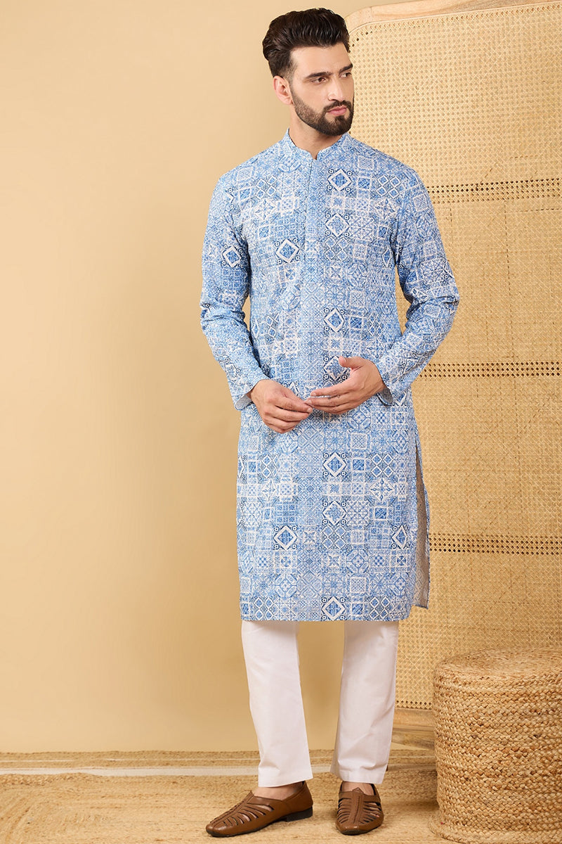 Blue Viscose Rayon Geometric Embroidered Straight Chikankari Kurta | SHOBITAM