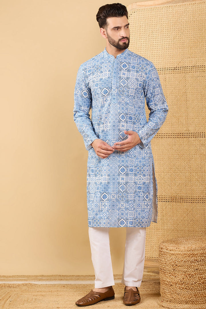 Blue Viscose Rayon Geometric Embroidered Straight Chikankari Kurta | SHOBITAM