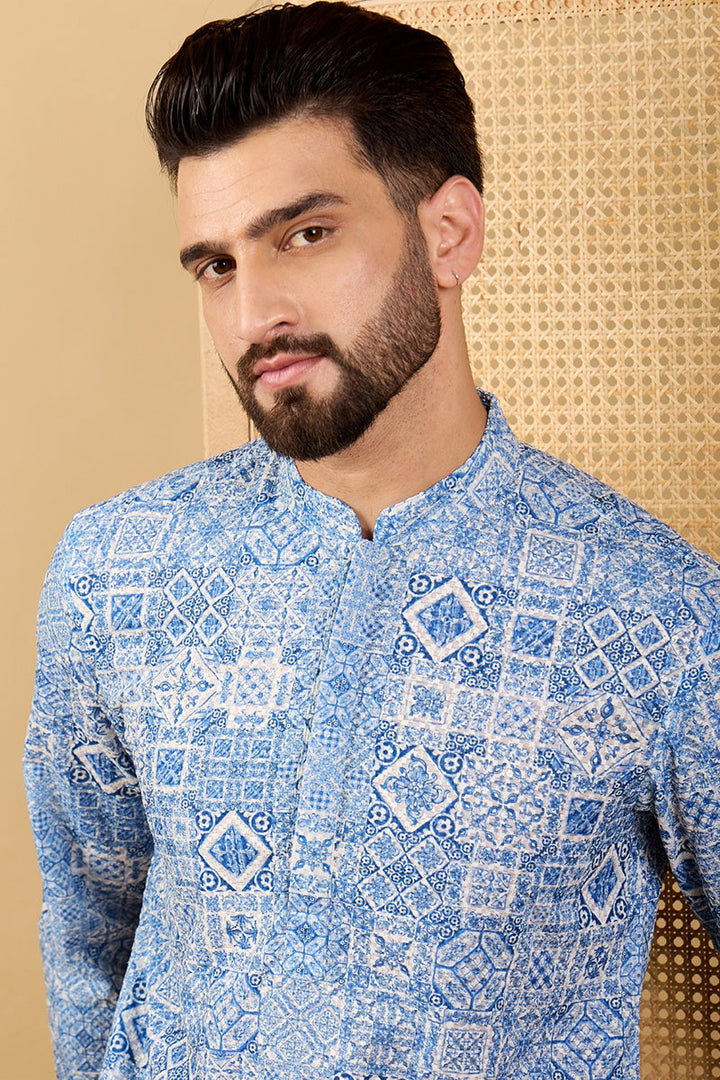 Blue Viscose Rayon Geometric Embroidered Straight Chikankari Kurta | SHOBITAM