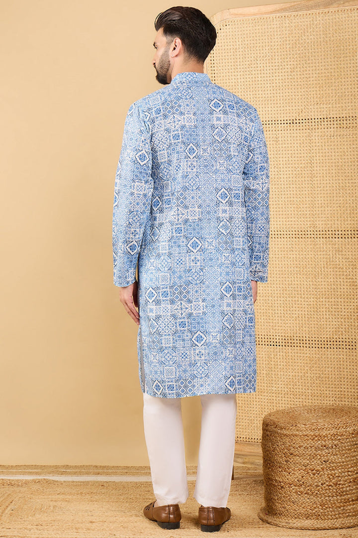 Blue Viscose Rayon Geometric Embroidered Straight Chikankari Kurta | SHOBITAM