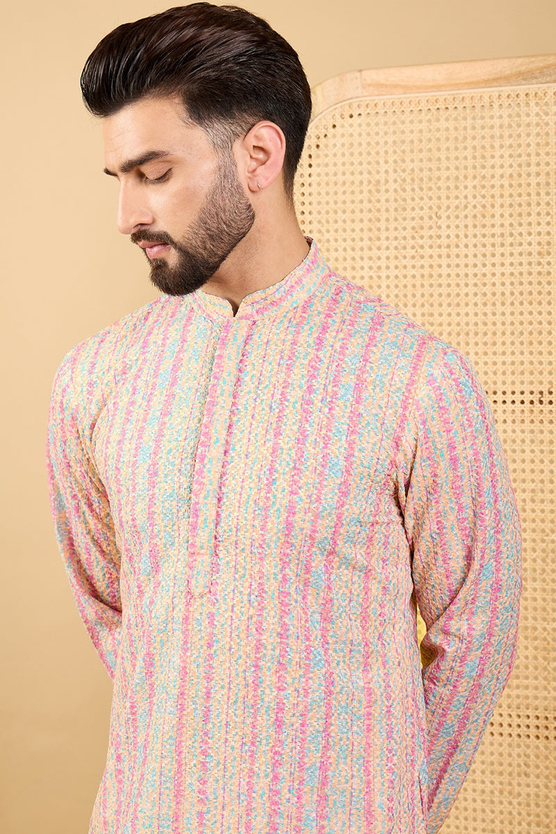 Peach Viscose Rayon Striped Embroidered Straight Chikankari Kurta | SHOBITAM