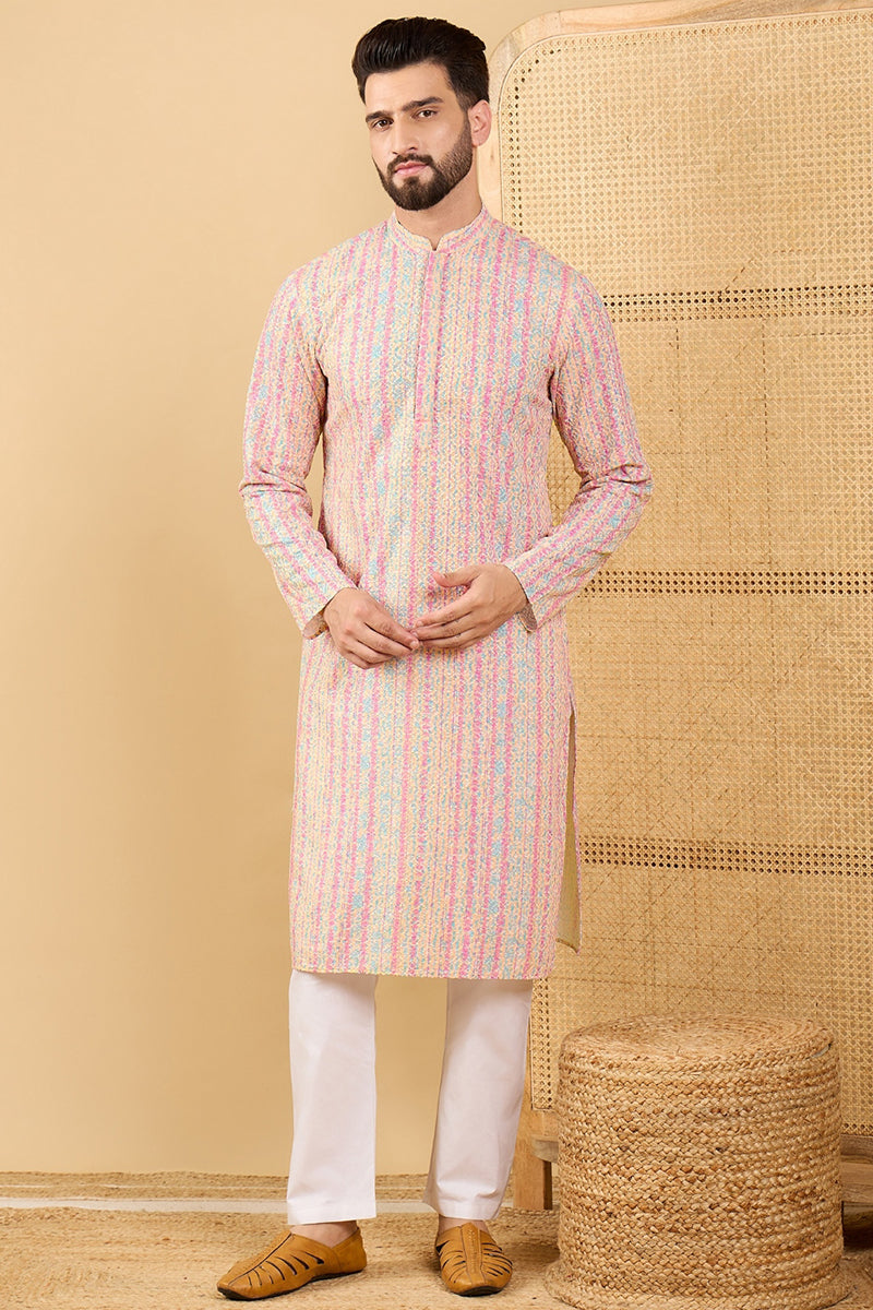 Peach Viscose Rayon Striped Embroidered Straight Chikankari Kurta | SHOBITAM