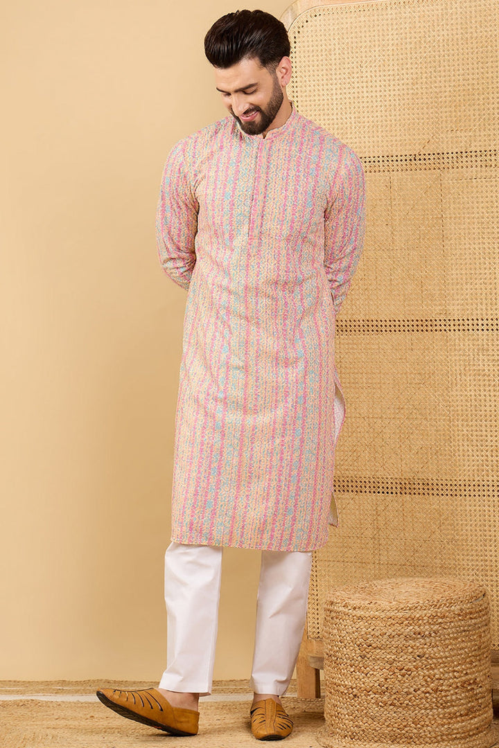 Peach Viscose Rayon Striped Embroidered Straight Chikankari Kurta | SHOBITAM