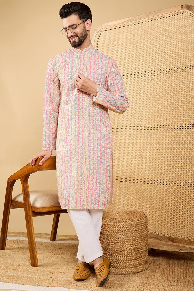 Peach Viscose Rayon Striped Embroidered Straight Chikankari Kurta | SHOBITAM