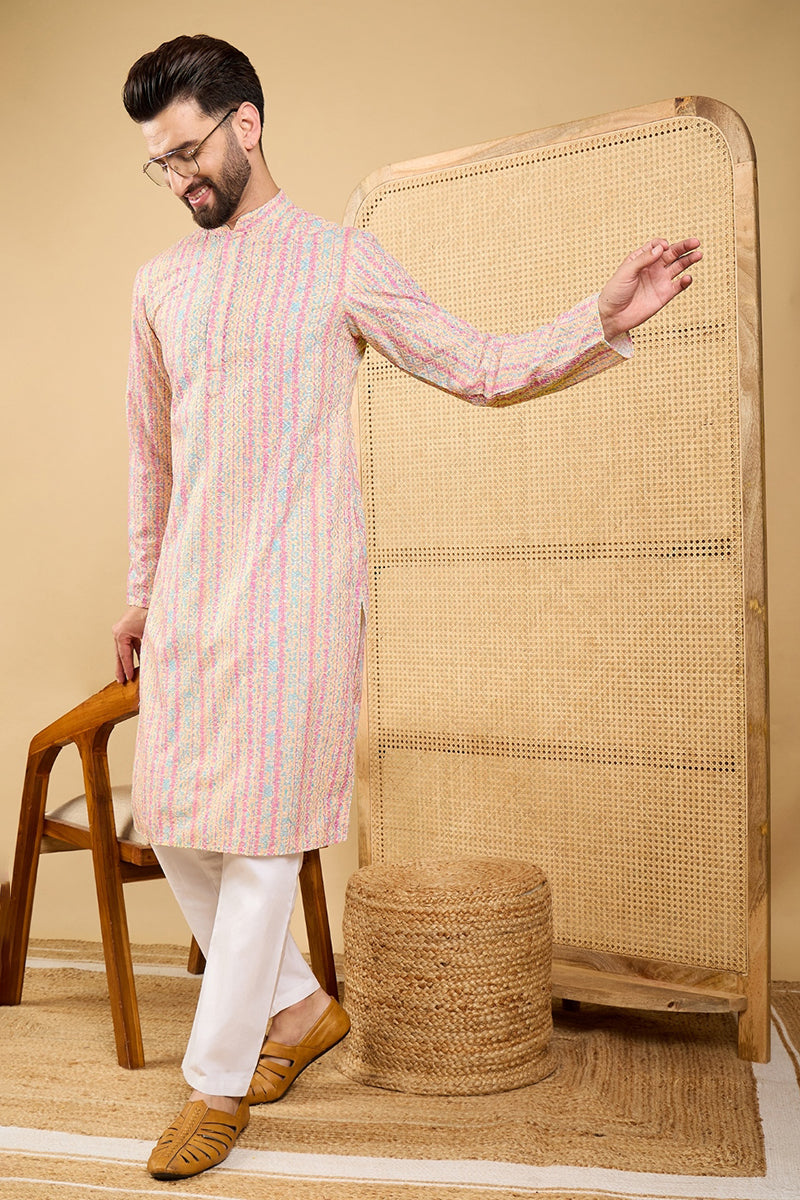 Peach Viscose Rayon Striped Embroidered Straight Chikankari Kurta | SHOBITAM