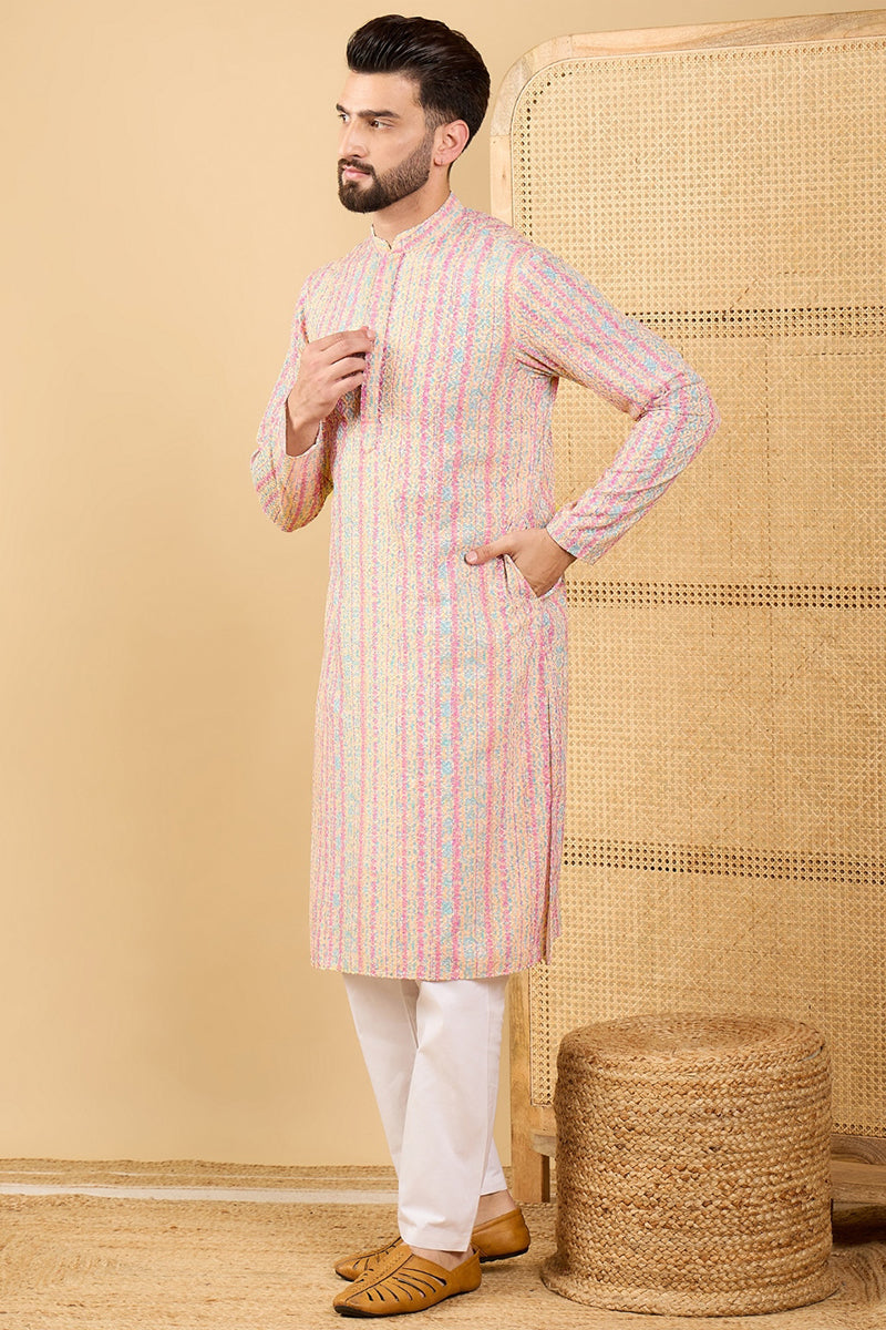 Peach Viscose Rayon Striped Embroidered Straight Chikankari Kurta | SHOBITAM
