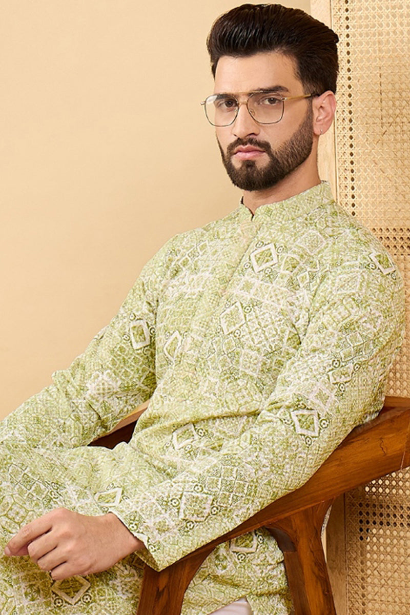 Olive Green Viscose Rayon Geometric Embroidered Straight Chikankari Kurta | SHOBITAM
